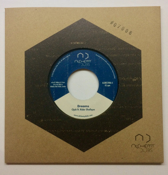 Vinyl record in hexagonal cardboard sleeve, blue label with text.