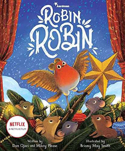 Robin perched on a decorated branch with curious mice below.