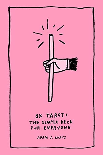 Pink tarot deck cover with hand holding a wand illustration.
