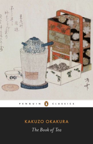 Book cover featuring a traditional Japanese tea set illustration with text by Kakuzo Okakura.