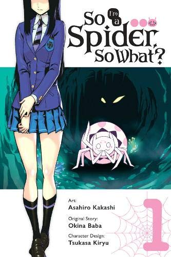 Manga cover featuring a schoolgirl standing beside a small spider in a dark cave.