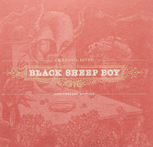 Album cover with pink background featuring illustrated figures and gold text Black Sheep Boy.