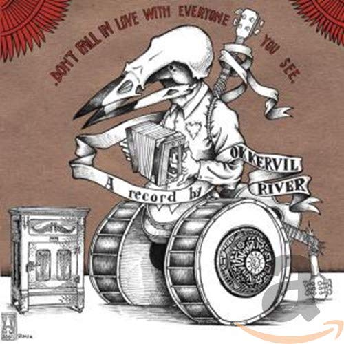 Okkervil River album cover: bird-headed figure with instruments and furniture.