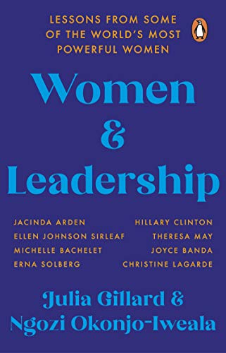 Book cover for Women and Leadership with blue background and light blue text.