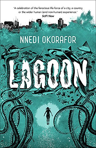 Book cover featuring a silhouette of a person swimming beneath sea creatures and cityscapes.