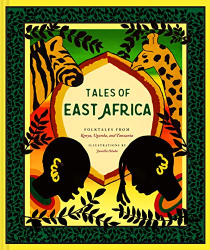 Book cover: "Tales of East Africa" with giraffe, zebra, and silhouettes.