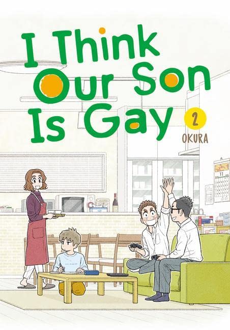Book cover depicting a family in a living room, with large green text.