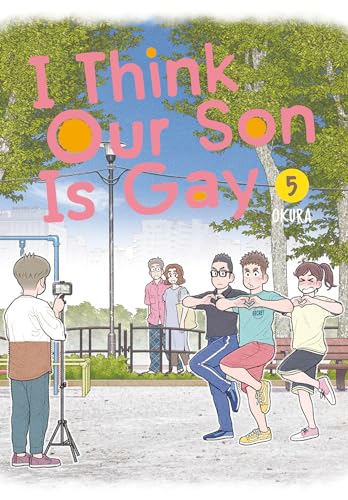 Manga cover: two young men posing, family watching, park background.
