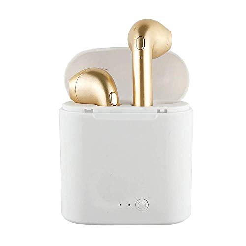 White charging case with gold wireless earbuds inside, top view.