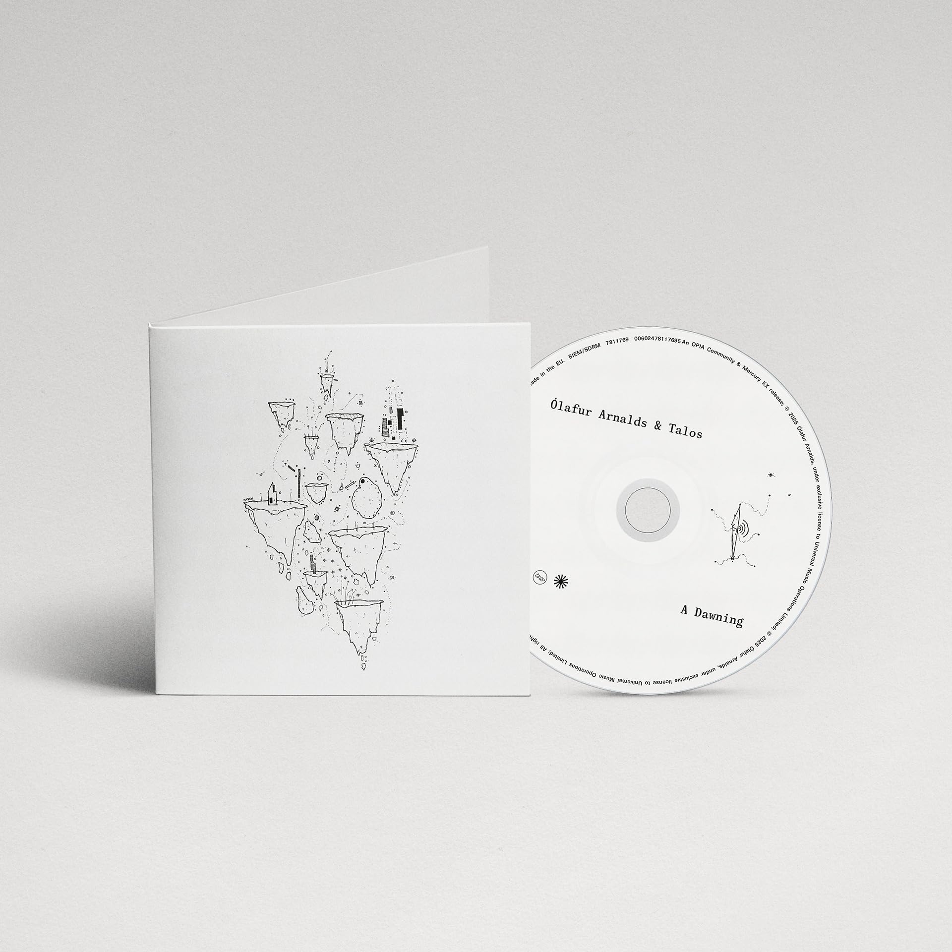 CD case for Ólafur Arnalds’ “A Dawning” with sketched island artwork.