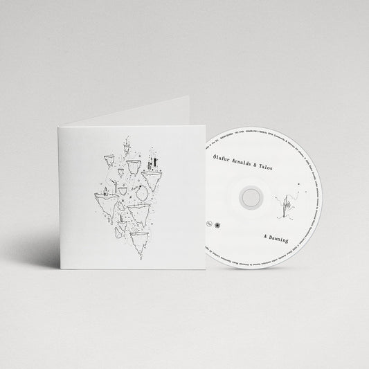 CD case for Ólafur Arnalds’ “A Dawning” with sketched island artwork.