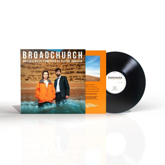 Broadchurch" vinyl record featuring a coastal scene and two figures.