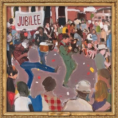 Painting of a crowd watching musicians perform outdoors, with the word JUBILEE displayed.