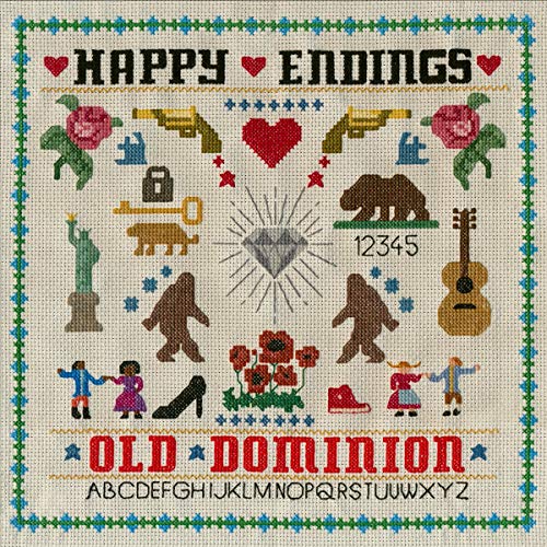 Cross-stitch style CD cover with animals, hearts, guitar, and "Old Dominion - Happy Endings".