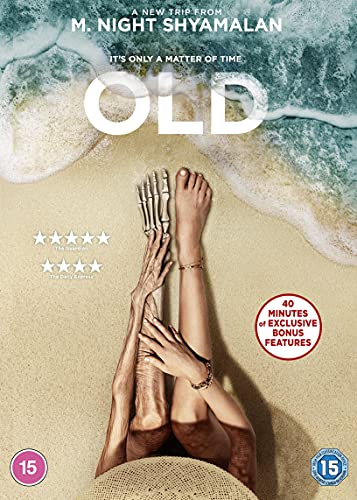 DVD cover for "Old" featuring a beach, skeletal hands, and feet.