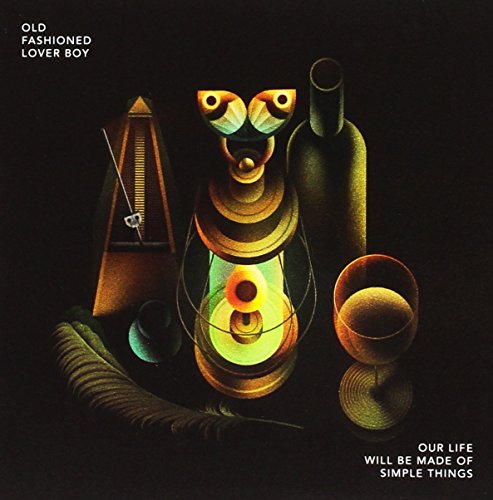CD cover with abstract, colorful still life of glasses and instruments.