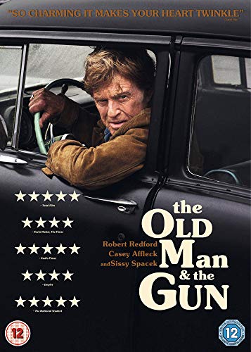 DVD cover featuring Robert Redford driving a car, with title "The Old Man & The Gun".