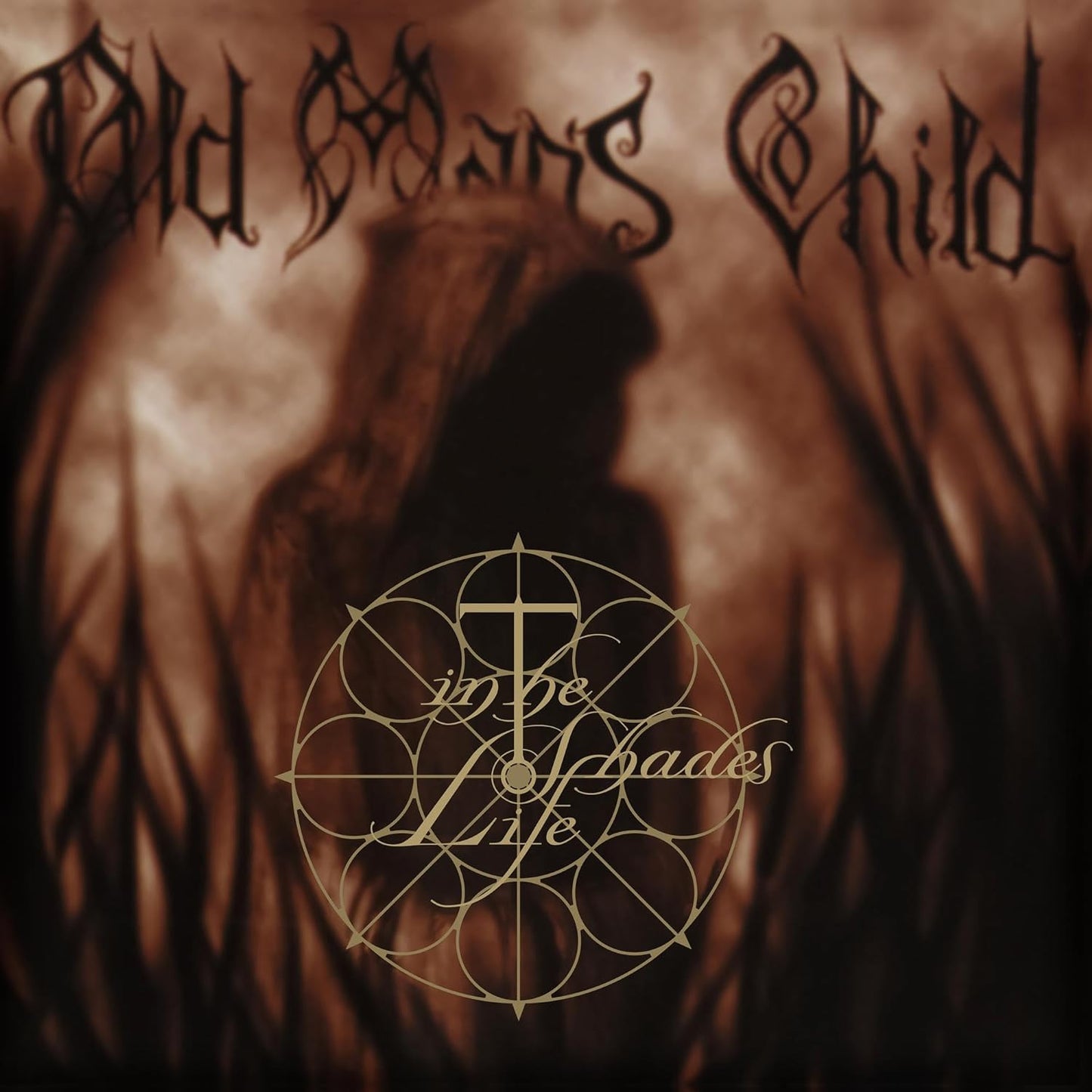 Sepia-toned album cover featuring a hooded silhouette behind a circular geometric emblem and text.