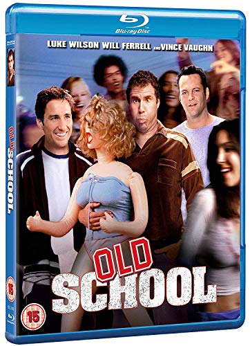 Blu-ray cover for Old School featuring Luke Wilson, Will Ferrell, and Vince Vaughn.