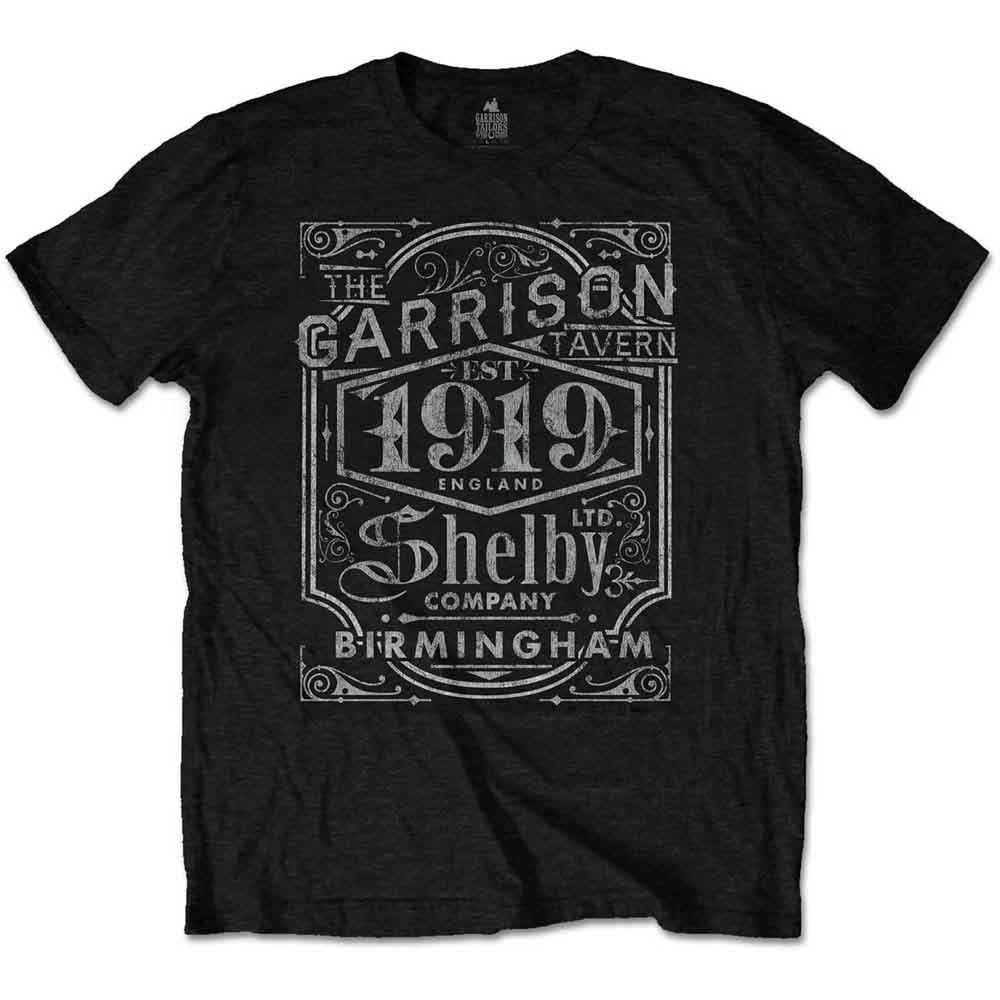 White t-shirt with “The Garrison Tavern” and “Shelby Company” graphic.