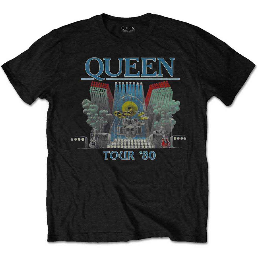Black Queen Tour ‘80 t-shirt with cityscape graphic print.