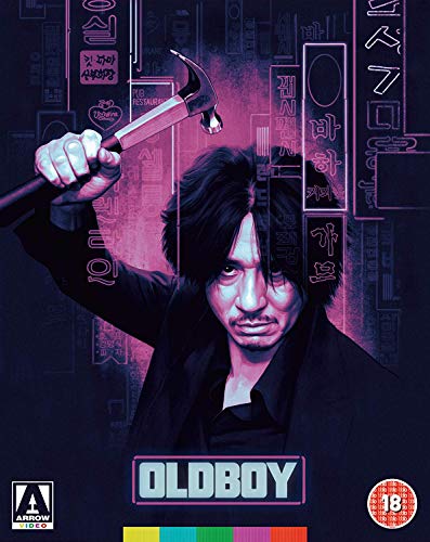 Blu-ray cover for "Oldboy" featuring a man with a hammer, neon signs.