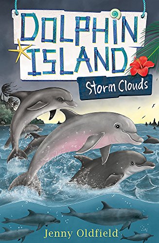 Book cover with leaping dolphins and stormy skies, “Dolphin Island.”