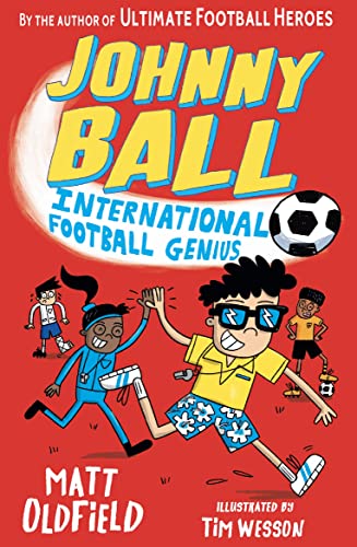 Book cover showing cartoon characters on a red background with a soccer ball.