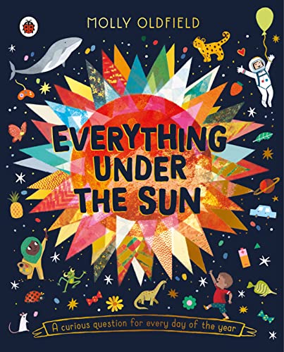 Book cover with colorful illustrations of animals, planets, and a sunburst.