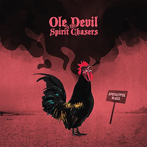 CD cover: black rooster with a sign, red and black smoky background.