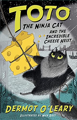 Book cover: black ninja cat rappelling with a large piece of cheese.