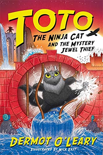 Black ninja cat leaping through a brick archway, illustrated book cover.