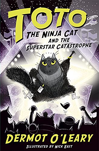 Book cover featuring a fluffy black ninja cat performing on stage.