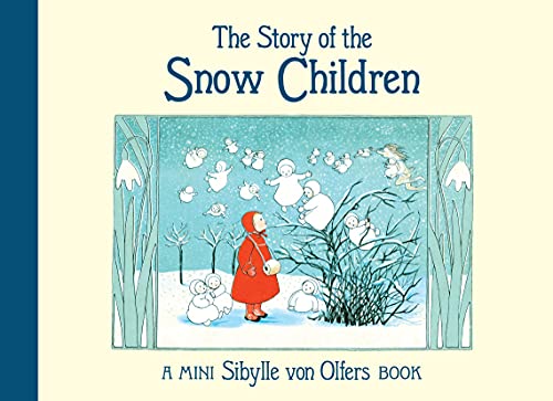 Book cover illustration of a girl in a red coat watching magical snow children.