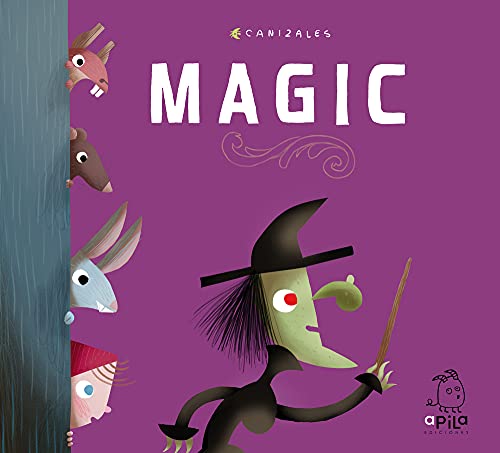 Book cover with a witch, donkeys peeking, and the word "MAGIC".