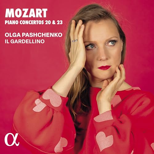 CD cover featuring Olga Pashchenko, a pianist, in red against a pink background.