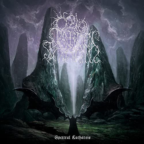 Dark fantasy album cover with jagged mountains and glowing script.