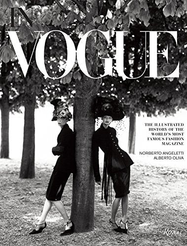 Black and white cover of "In Vogue" book featuring two models in dresses and hats.