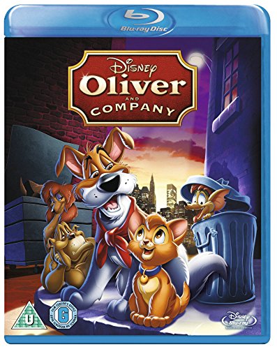 Blu-ray cover of Disney's Oliver & Company featuring a group of animated city pets.