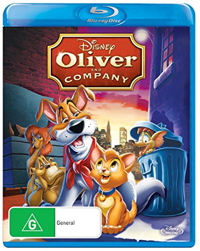 Blu-ray cover for Disney’s *Oliver & Company* featuring cartoon cats and a cityscape.