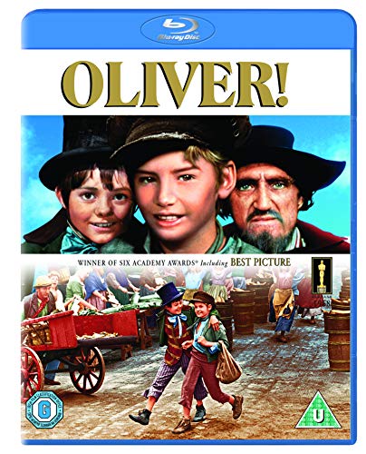 Blu-ray cover for "Oliver!" featuring child actors and a market scene.