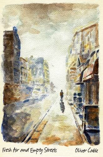 A watercolor painting of a lone figure walking down a quiet, empty city street.
