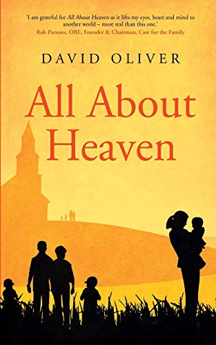 Book cover: "All About Heaven" with silhouettes of people and a church.