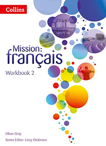 Collins “Mission: français Workbook 2” textbook cover with colorful circles.