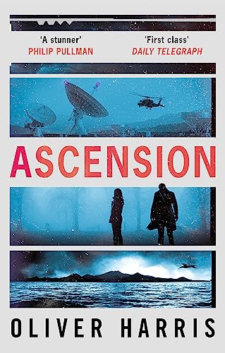 Book cover for "Ascension" featuring satellite dishes, figures, and a helicopter.