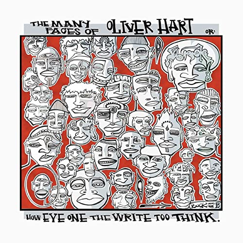 Vinyl album cover with a collage of many sketched faces on a red background.