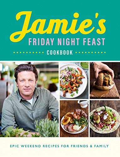 "Cookbook cover featuring Jamie Oliver and images of various dishes on a teal background."