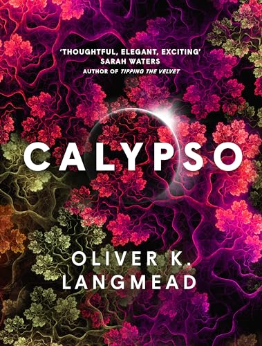 Book cover for “Calypso” with fractal floral patterns and a planetary image.