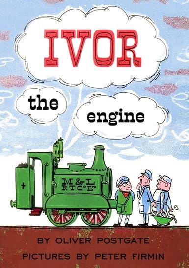 Green steam engine with three figures, illustrated children’s book cover.