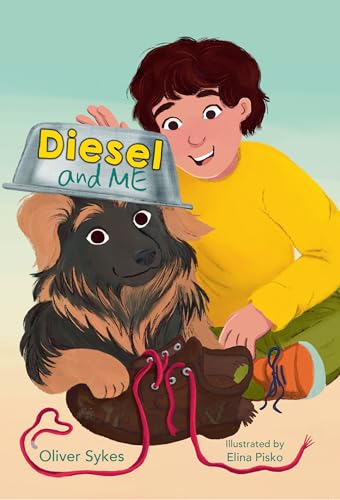 Book cover: child with a fluffy dog and a metal bowl on its head.